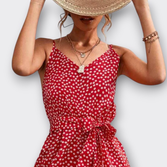 Red White Floral V-Neck Tie Waist Cami Mini Dress Retro Boho Chic Vacation S - Picture 2 of 12
